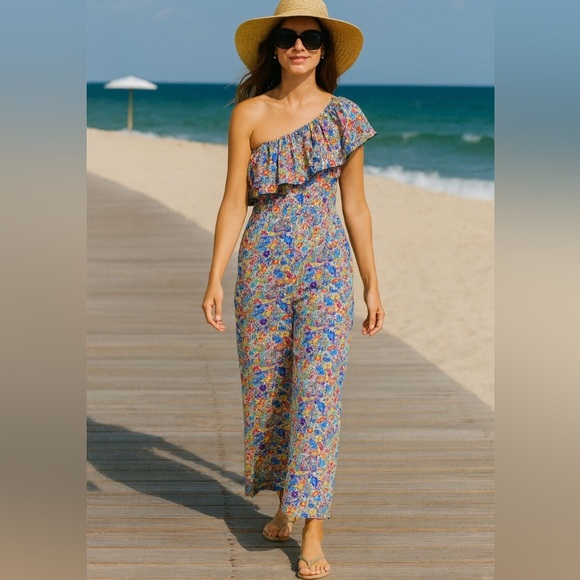 JCREW ONE SHOULDER EXAGGERATED RUFFLE JUMPSUIT IN LIBERTY PRINT SZ 0 - Picture 1 of 11